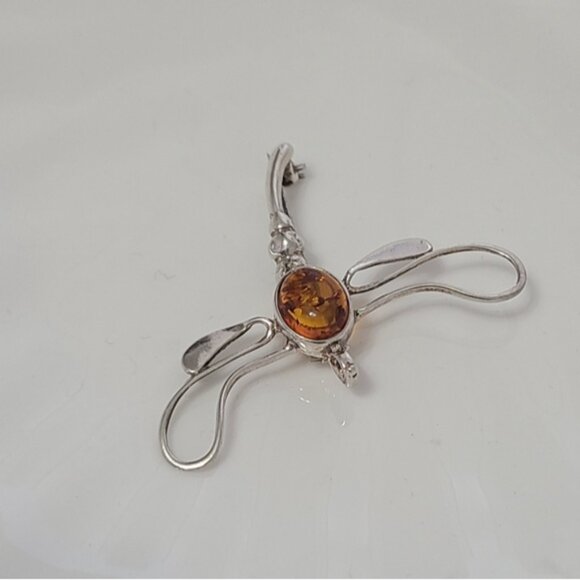 Vintage Sterling Silver Baltic Amber Gemstone Dragonfly Brooch Pendant - Picture 5 of 10